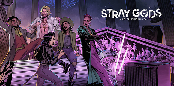Five stylized characters pose in front of a classical building with musical equipment and a crowd.