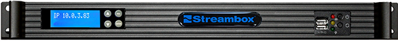 A black Streambox rack-mounted device featuring a blue digital display and USB ports.