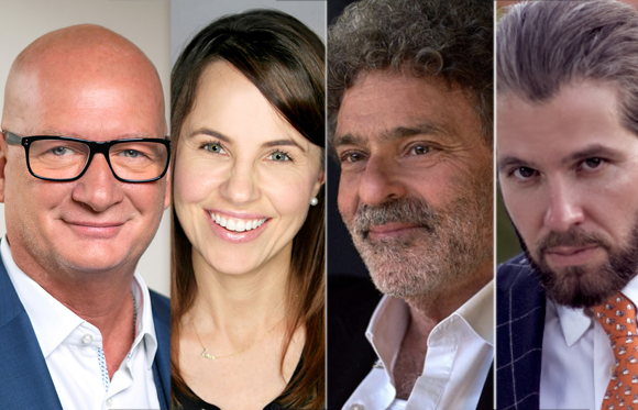 Four portrait headshots of a bald man, a smiling woman, a man with curly hair, and a man with a beard.