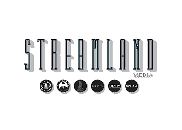 Streamland Media logo in tall, stylized lettering above six circular brand icons.