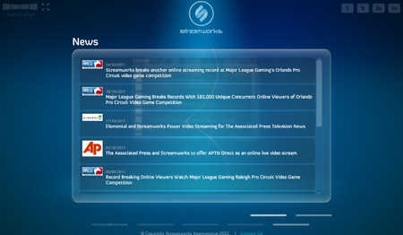 A dark blue website interface displaying a news feed with several dated headlines and company logos.