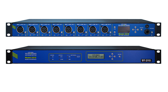 Two blue rack-mounted Studio Technologies audio interfaces, Model 5518 and Model 5512.