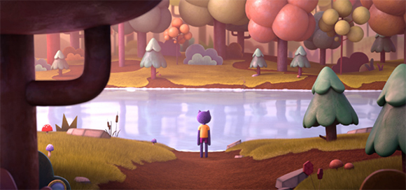 A small purple character stands on a dirt path looking at a calm lake surrounded by colorful, rounded trees.