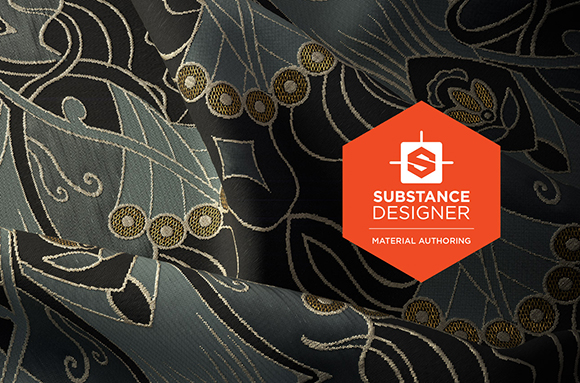 Dark patterned fabric with gold embroidery and a red Substance Designer logo overlay.