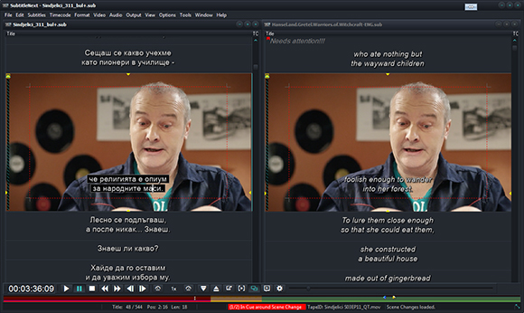 Video editing software displaying two synchronized clips of a man speaking with subtitles in different languages.