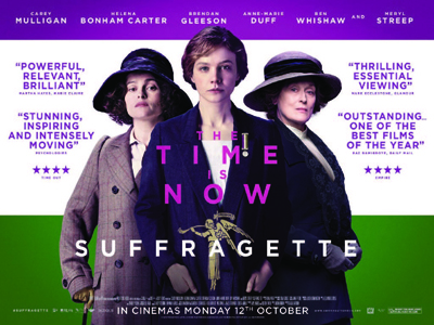 Four women in period clothing pose against a purple background for the movie poster Suffragette.