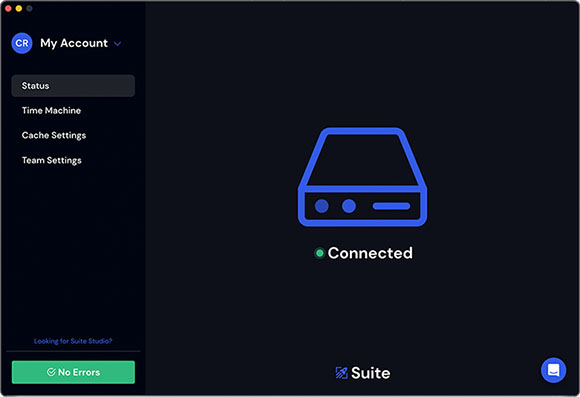 A dark user interface showing account status, settings, and a connected icon.