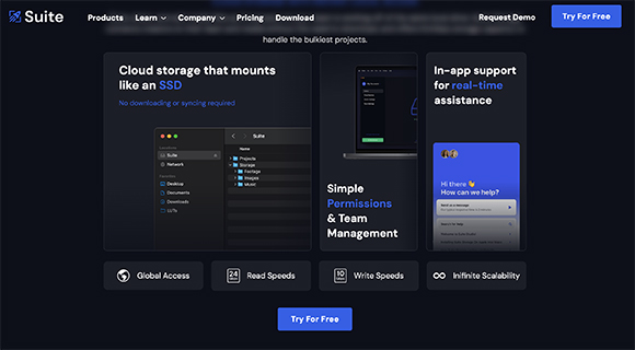 Screenshot of the Suite website homepage, highlighting cloud storage, permissions management, and in-app support.