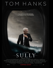 Movie poster for Sully featuring Tom Hanks in a suit looking out an airplane window over water.