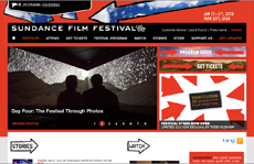 Sundance Film Festival website featuring a dark silhouette of two people looking at a large light installation.