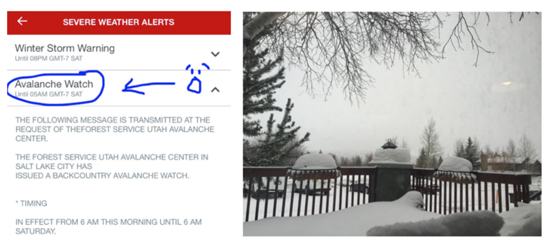 Screenshot of a phone alert for an avalanche watch, with a snowy backyard visible.