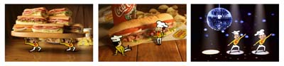 Three panels showing cartoon chefs carrying a sandwich stack, standing by a sub, and dancing under a disco ball.