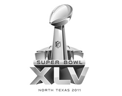 Silver logo for Super Bowl XLV featuring a football trophy and Roman numerals.