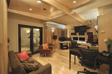A modern office interior featuring a desk with a computer, an ergonomic chair, and a small sofa.