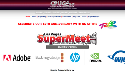CPUGNet banner announcing the 15th Anniversary Las Vegas SuperMeet with logos for Adobe, Blackmagic Design, HP, and NVIDIA.