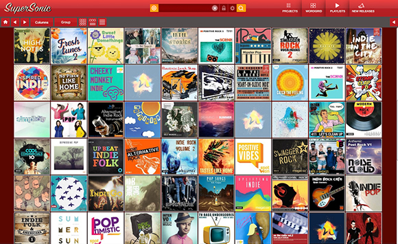 A digital interface displaying a large grid of colorful music album covers under a red header bar.