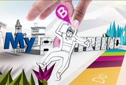 A hand holds a paper cutout of a person over a graphic background with text and city silhouettes.