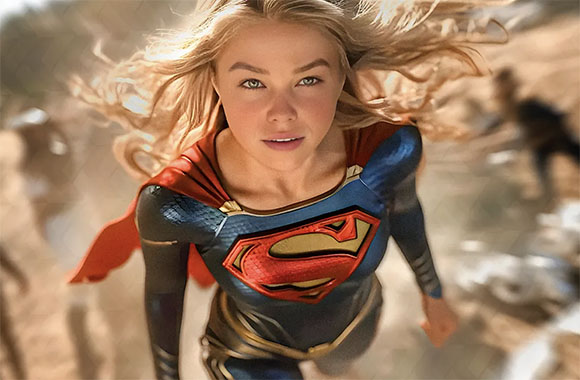 A blonde woman in a blue superhero suit with a red cape flies toward the camera through a desert landscape.