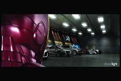 Close-up of a shiny red metallic helmet in the foreground with several luxury cars parked in a dimly lit garage.