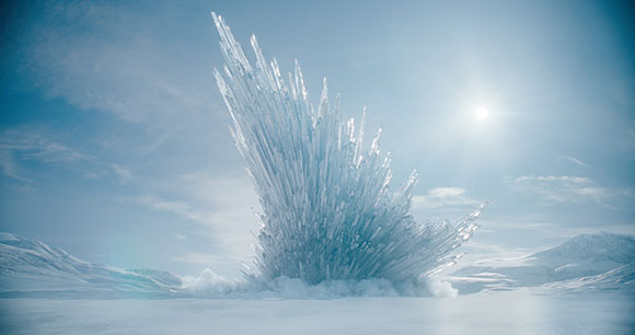 Jagged ice spikes erupting from a snowy ground under a bright, hazy sky.
