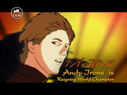 Animated man with brown hair against a yellow background with text reading 'Andy Jrons is Reigning World Champion'.