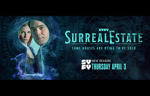 Promotional banner for SurrealEstate featuring two people and text on a dark blue background.
