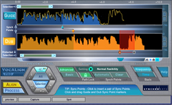 Digital audio workstation interface displaying blue and orange waveforms with alignment settings.