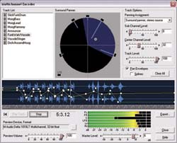 Software interface with a circular surround panner, track list, and audio waveform display.