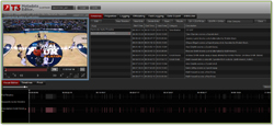 Software interface showing a video player with basketball footage and a data logging spreadsheet.