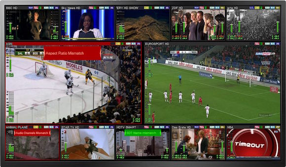 A screen showing a grid of different TV channels, some displaying technical error messages.