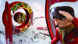 A character in a red jacket and helmet looks through a circular window at a miniature town with food displays.