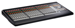 A black audio mixing console with numerous sliders, knobs, and colored indicator lights.