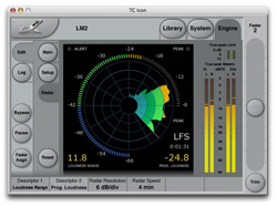 A software interface displaying a circular radar-style loudness meter and vertical peak meters.