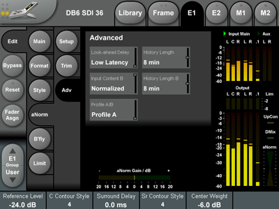 Digital interface showing advanced audio settings, input/output levels, and various control buttons.