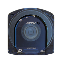 A translucent blue TDK rewritable 23GB disc case.