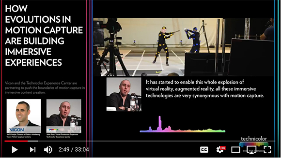 Presentation slide about motion capture featuring video clips of actors in motion capture suits and speakers.