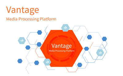 Orange Vantage Media Processing Platform logo centered in a blue hexagonal network graphic.
