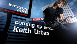 Graphic with text 'KICKOFF LIVE' and 'coming up next... Keith Urban' over a building and a man playing guitar.