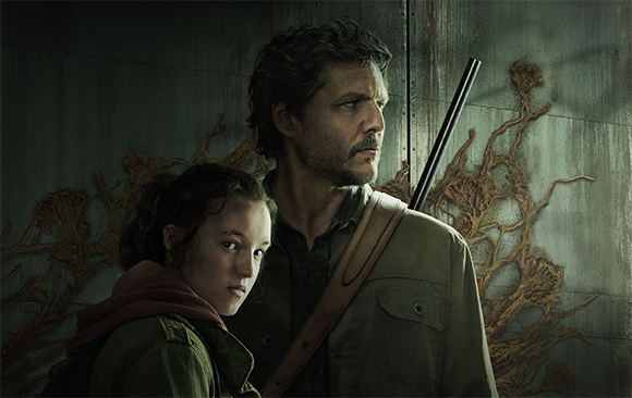 A man with a beard and a young girl look intensely toward the side against a wall with spreading fungal patterns.