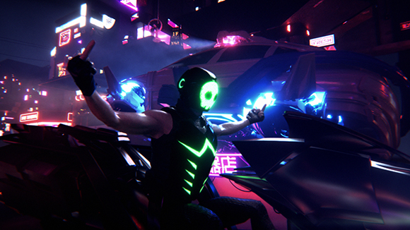 A person in a black suit with glowing green accents makes hand gestures in a neon-lit futuristic city.