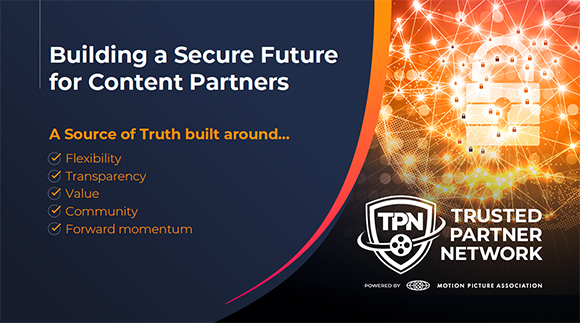 Graphic for Trusted Partner Network featuring text and a glowing digital padlock over a network of light.