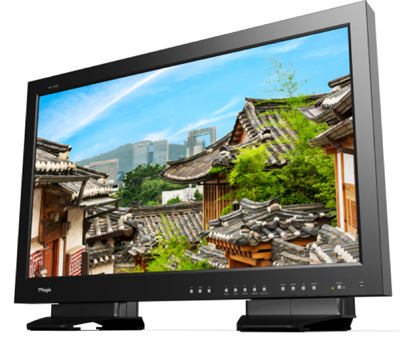 A black widescreen computer monitor displaying a landscape of traditional Korean houses under a blue sky.