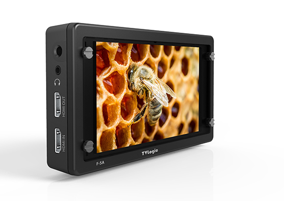 A black rectangular monitor displaying a macro image of a bee on a honeycomb.
