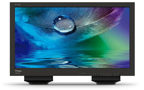 A black TVLogic LUM-310R monitor displaying a colorful macro image of a water droplet on a feather.