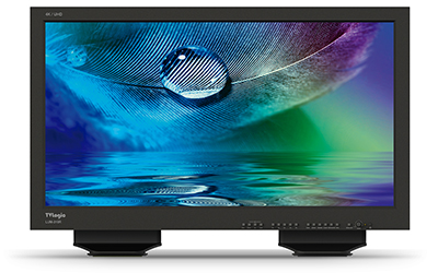 Black digital display showing a macro image of a water droplet on a blue and green feather over water.