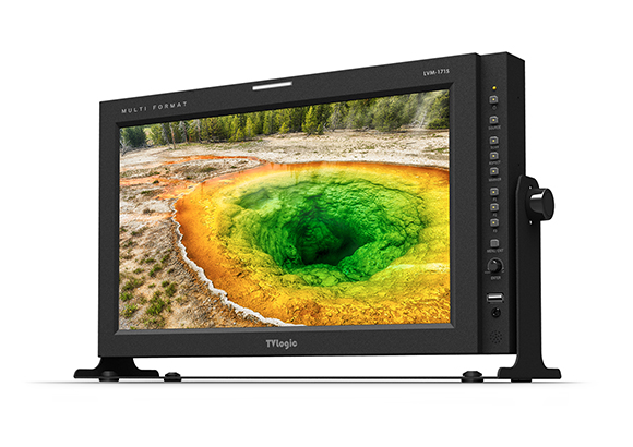 A black TVLogic LVM-1715 monitor displaying a vibrant green and orange geothermal spring on a white background.