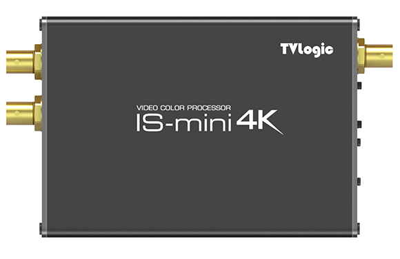A dark gray TVLogic IS-mini 4K video color processor with gold-colored connectors on the sides.