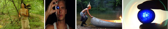 A collage featuring a woman in a forest, a man holding a blue orb, a person by a canoe, and a close-up of a blue orb.
