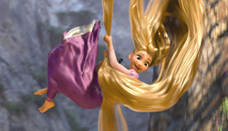 Animated girl with very long blonde hair swinging from a stone wall.