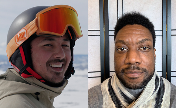 Split portrait of a smiling man in a ski helmet and goggles next to a man with a beard and scarf.